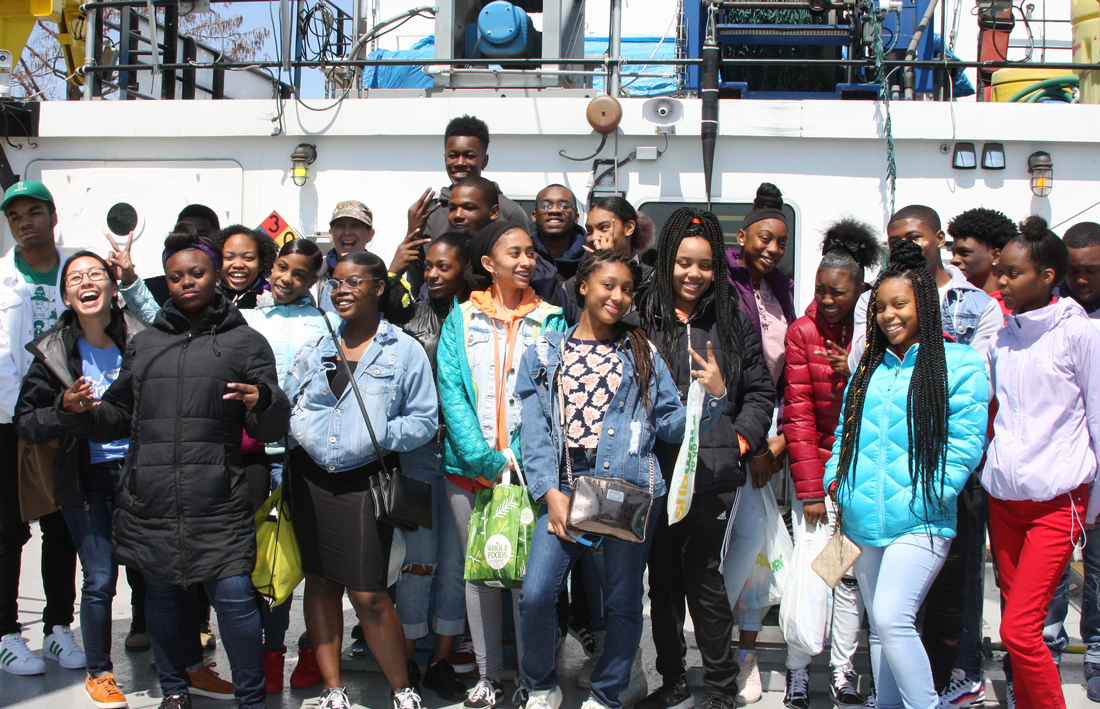 Students near Lake Guardian on Navy Pier