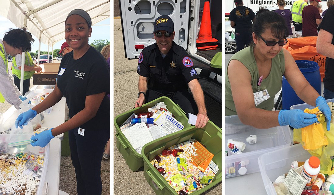 Police officers and staff collect buckets full of medicine bottles and pills