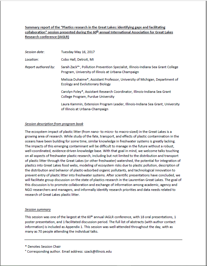 Summary report of the “Plastics research in the Great Lakes: identifying gaps and facilitating collaboration” session presented during the 60th annual International Association for Great Lakes Research conference (IAGLR) Thumbnail