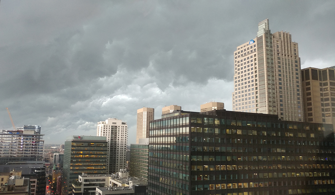 Storm clouds form over the Chicago skyline