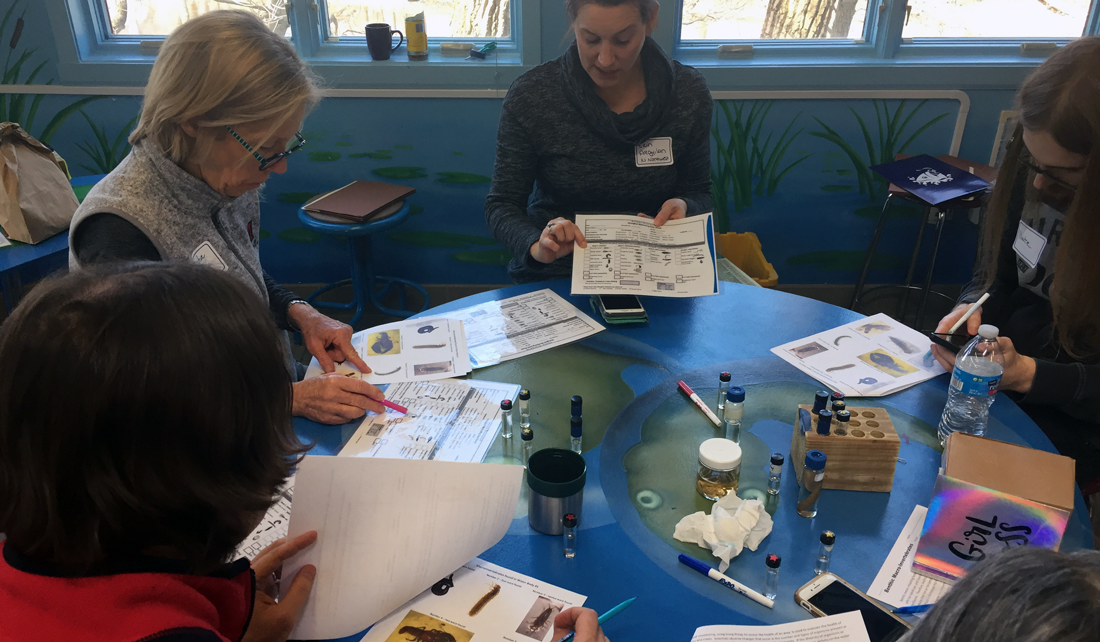 educators sit at a table with worksheets and water samples while a workshop facilitator leads them through an activity