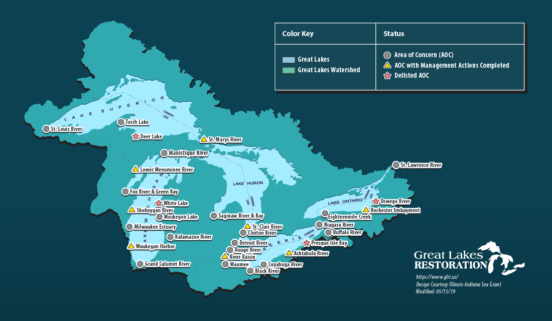 A map of Great Lakes Areas of Concern in the United States