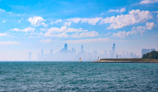 View of Lake Michigan and Chicago skyline from Oak Street Beach