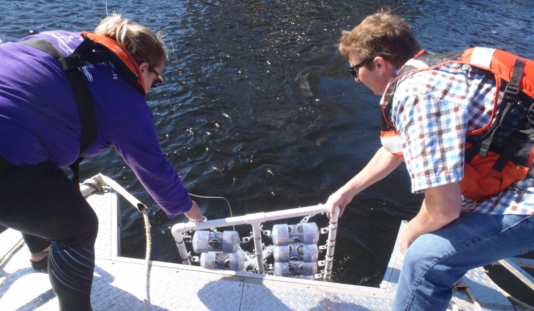 Maggie Oudsema, a research assistant at the Robert B. Annis Water Resources Institute (AWRI), Grand Valley State University and John Scott, Illinois Sustainable Technology Center, lower microplastic samples into Muskegon Lake. (Photo courtesy John Scott)