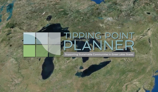 satellite image of Great Lakes region, with Tipping Point Planner logo, Supporting Sustainable Communities in Great Lakes States