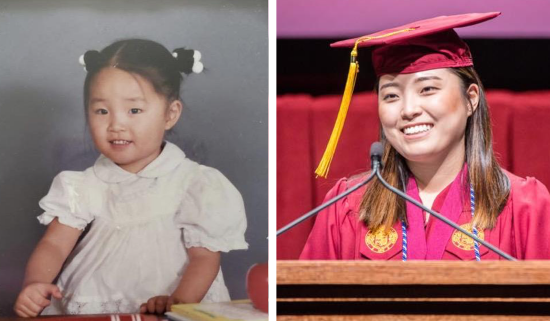 toddler girl on the left in pigtails and a white dress, college graduate on the right wearing a red graduation cap and gown and standing at a podium giving a speech
