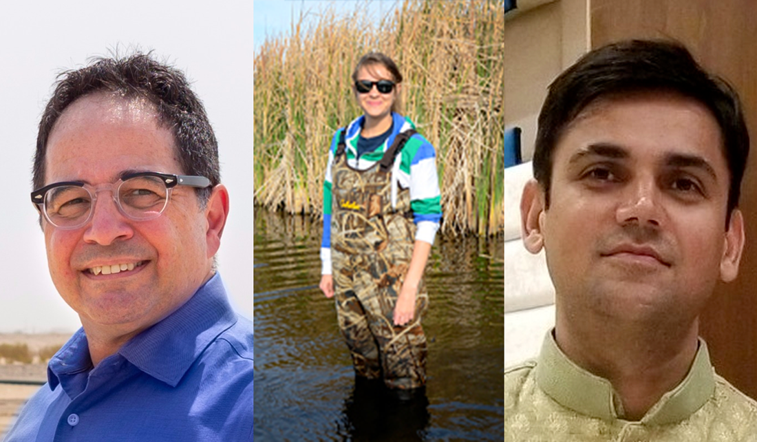 two headshots of men and a photo of a woman standing in a body of water