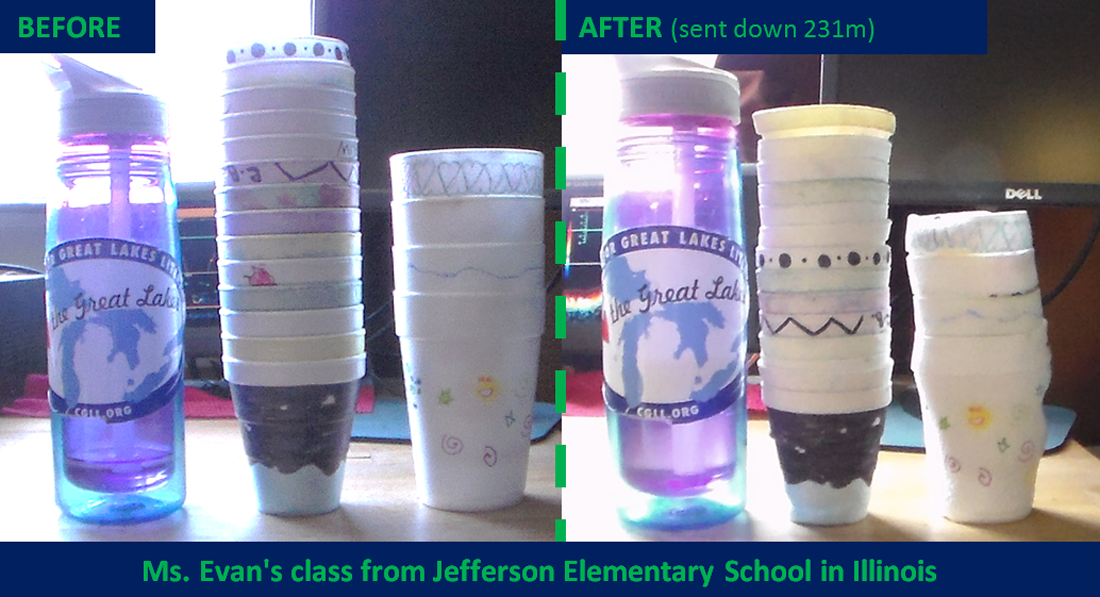 left side: BEFORE photos of styrofoam cups, full size. right side: AFTER photos of styrofoam cups, shrunken down after being sunk to the bottom of one of the Great Lakes.