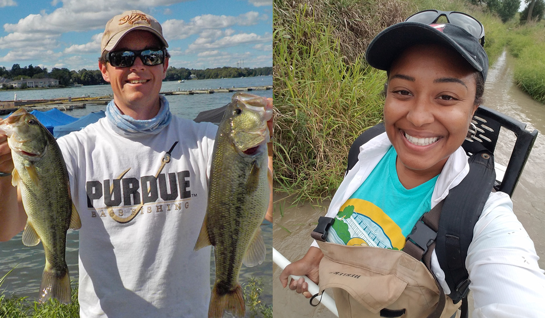 Mitch Zischke on left holding two fish, Meagn Gunn on right wearing electrofishing backpack