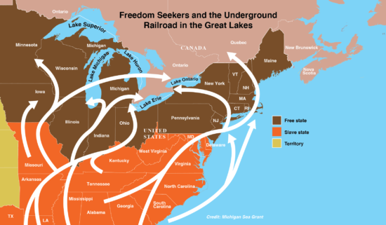Map of Great Lakes region and Underground Railroad routes