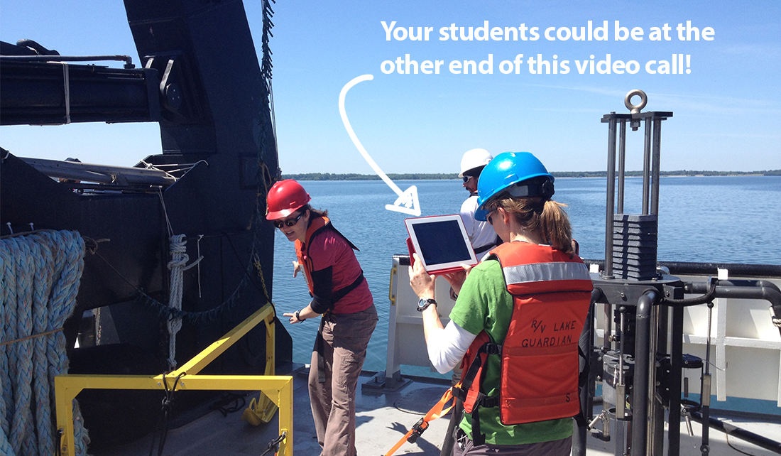 Your students could be at the other end of this video call! Researcher holds up tablet onboard ship while filming video call with students.