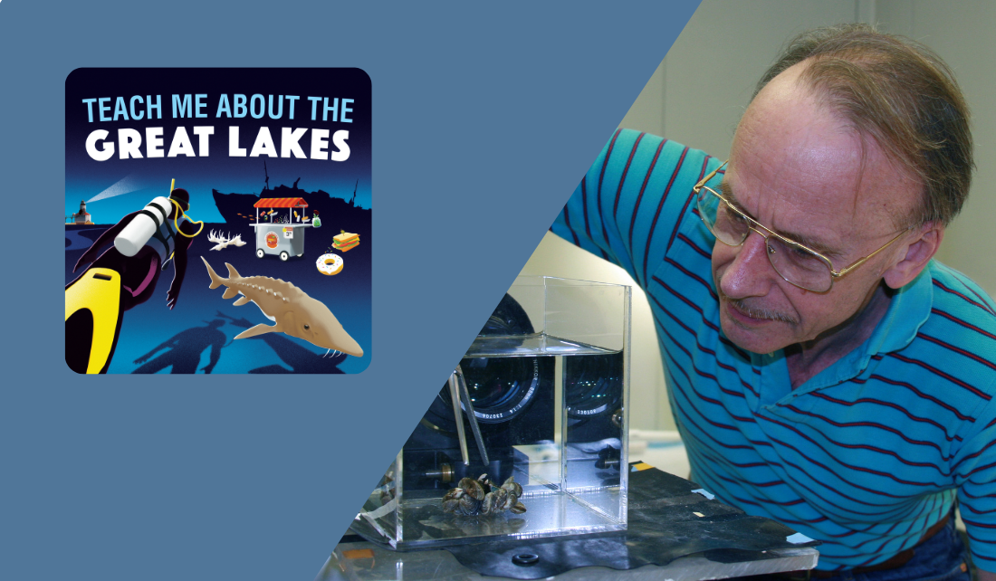 Teach Me About the Great Lakes podcast logo, and Hank Vanderploeg in a laboratory inspecting invasive mussels
