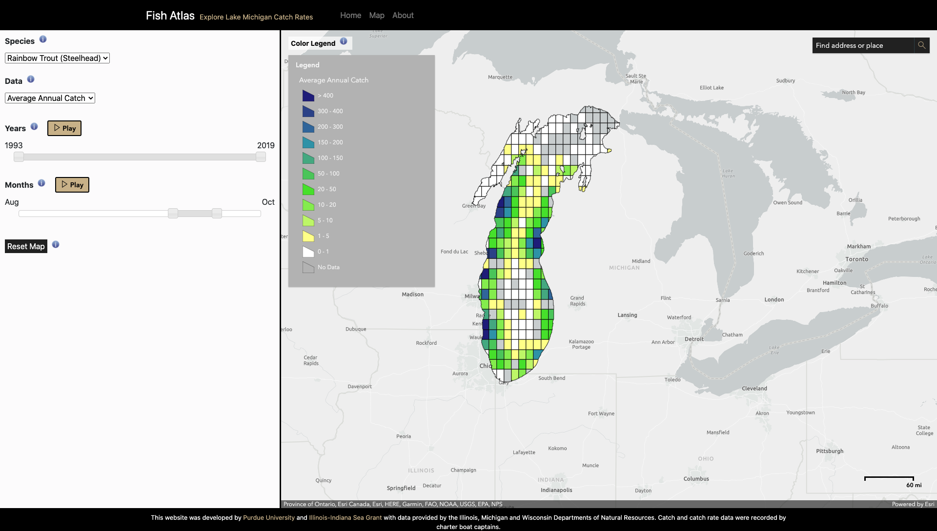 Gridded map of Lake Michigan shows average annual catch of Rainbow Trout (Steelhead) between August and October from 1993 - 2019.