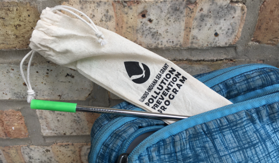 sustainable metal straw in a canvas pouch labeled with the Illinois-Indiana Sea Grant Pollution Prevention Program logo