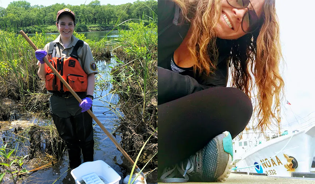 left: person stands in waders in a marsh holding gear, right: person sits on ground taking a selfie with NOAA boat in background