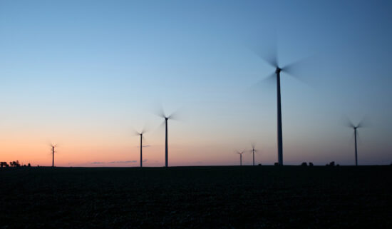 Indiana sunrise with silhouettes of wind turbines