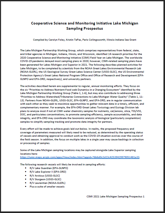 Lake Michigan Cooperative Science and Monitoring Initiative 2021 Prospectus Thumbnail