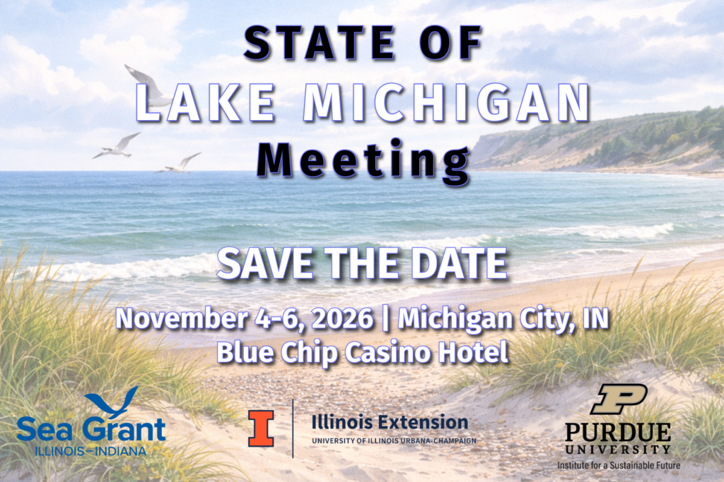 image of great lakes shoreline with meeting details for State of Lake Michigan meeting
