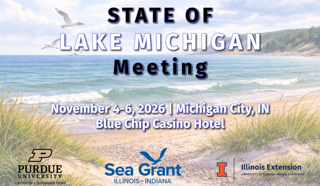 Promotional banner showing a Lake Michigan beach with dunes, waves, and gulls for the State of Lake Michigan Meeting, November 4–6, 2026, in Michigan City, Indiana, with logos for Purdue University, Illinois–Indiana Sea Grant, and the University of Illinois Extension.